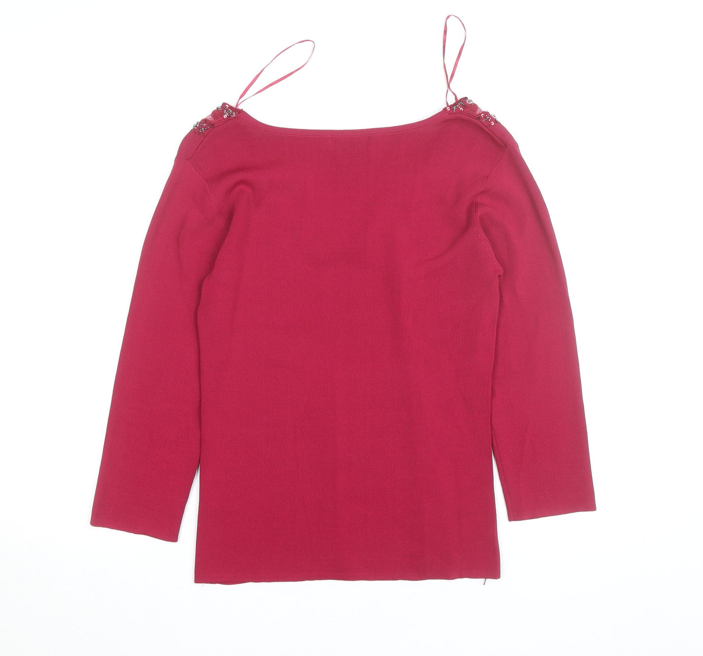 SKYdesigns Women Red Beaded Knit Top Size S 3/4 Sleeve