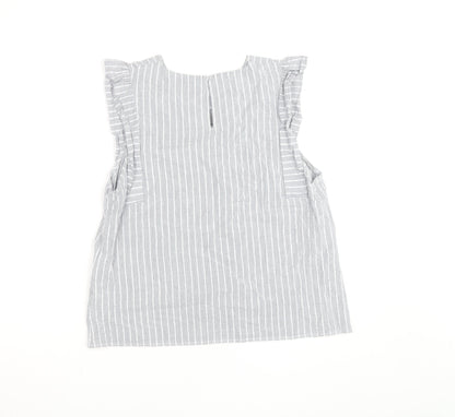 Oasis Women Grey Striped Ruffle Sleeve Cotton Blouse Size 16