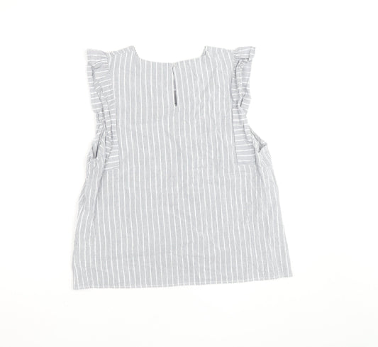 Oasis Women Grey Striped Ruffle Sleeve Cotton Blouse Size 16