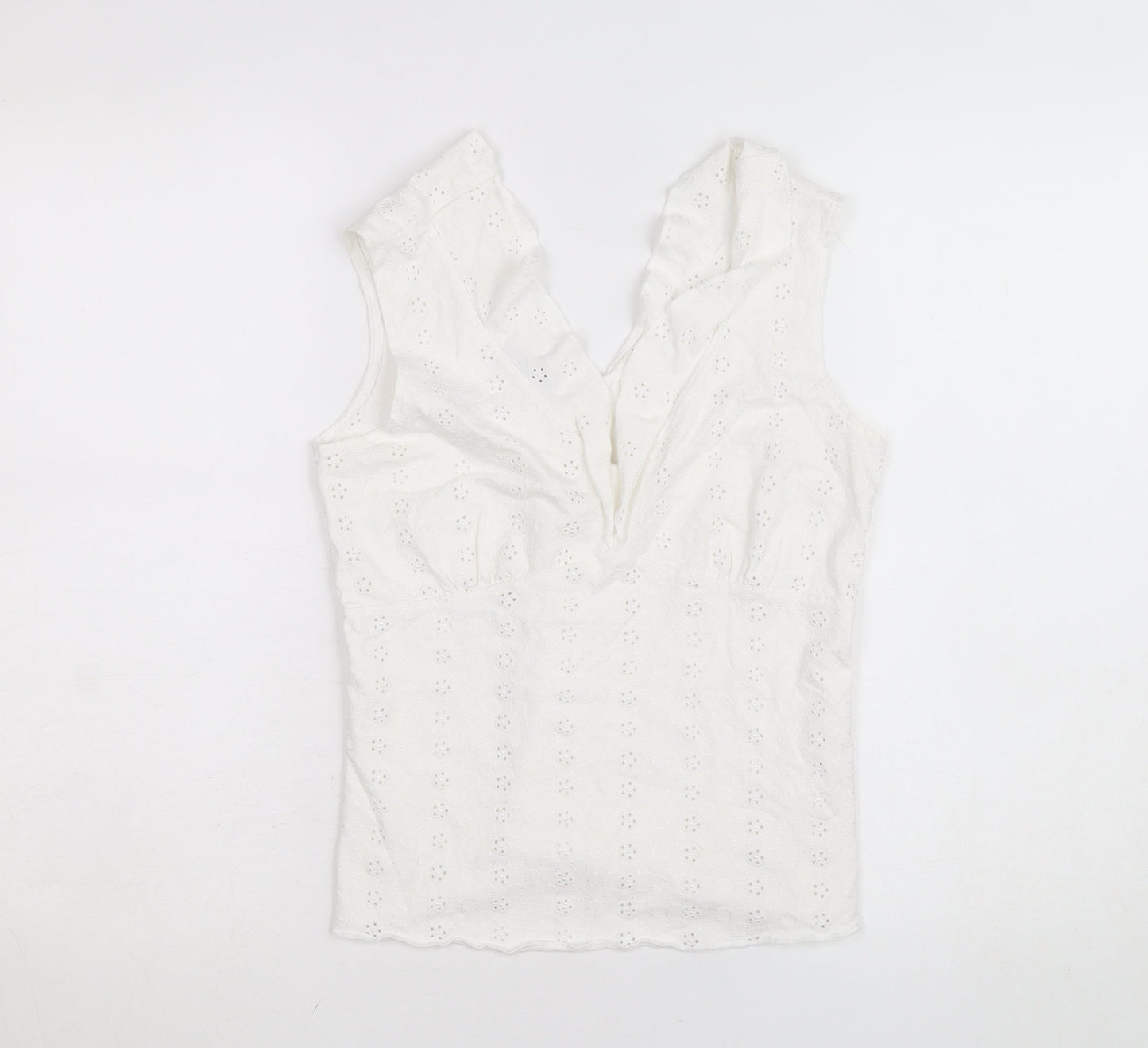 Marks and Spencer Per Una White Cotton Lace Ruffle V-Neck Sleeveless Blouse Size 12