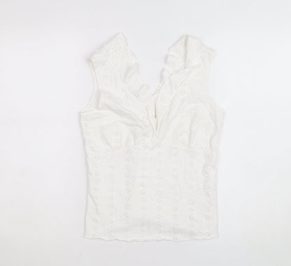 Marks and Spencer Per Una White Cotton Lace Ruffle V-Neck Sleeveless Blouse Size 12