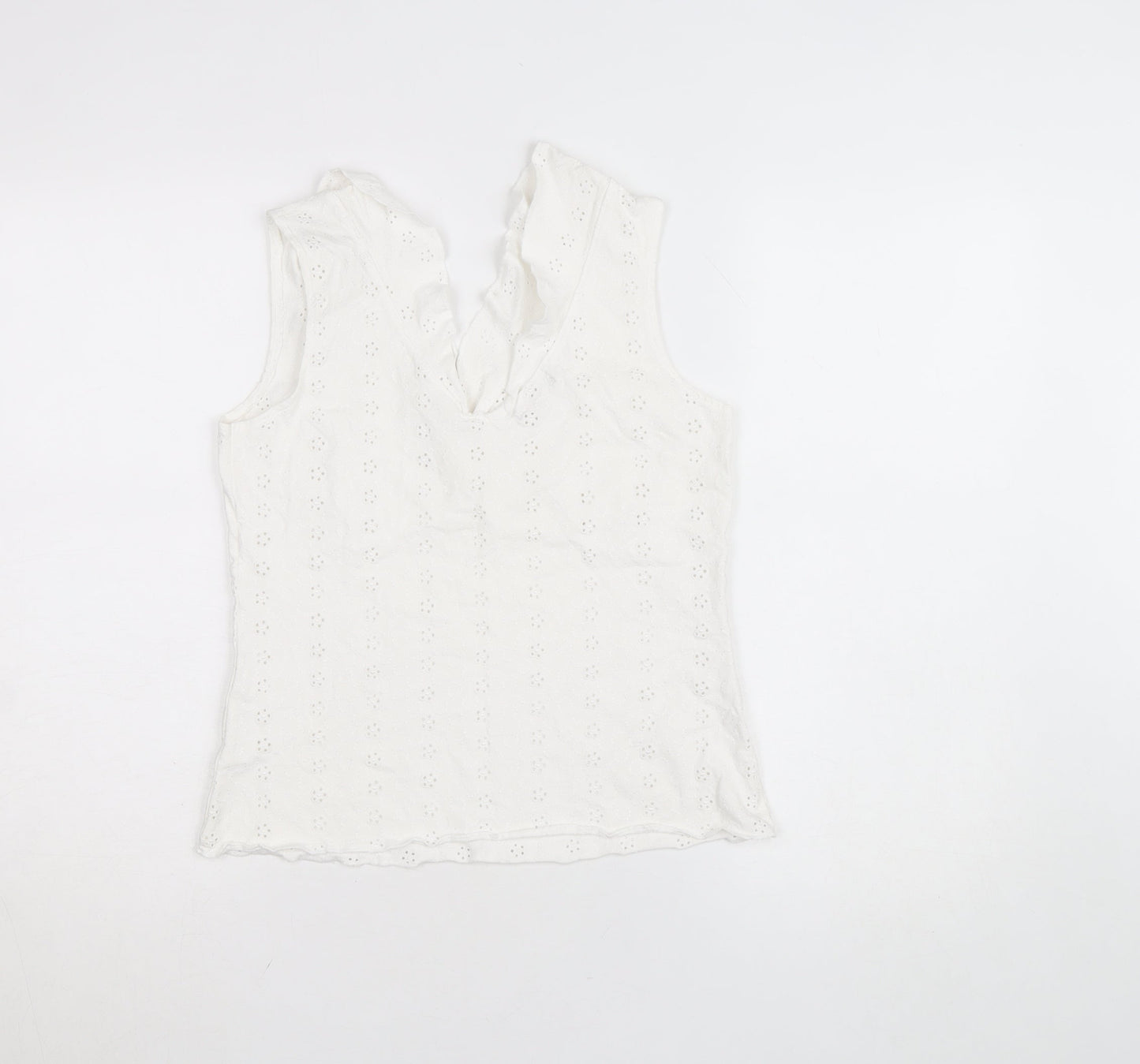 Marks and Spencer Per Una White Cotton Lace Ruffle V-Neck Sleeveless Blouse Size 12