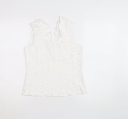 Marks and Spencer Per Una White Cotton Lace Ruffle V-Neck Sleeveless Blouse Size 12