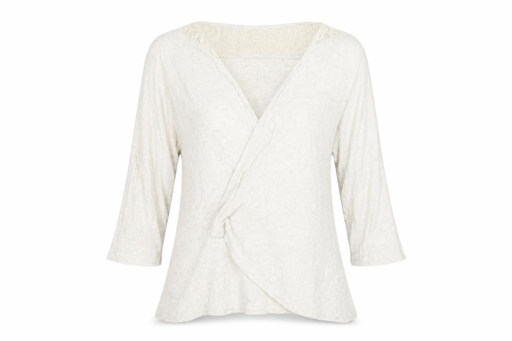 Monsoon Women’s Beige Wrap Blouse M 3/4 Sleeve Crochet Jersey Top