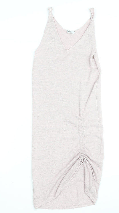 LOKE Women's Beige Knit Slip Dress S V-Neck Ruched Lightweight