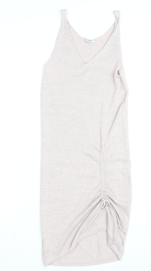 LOKE Women's Beige Knit Slip Dress S V-Neck Ruched Lightweight
