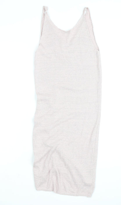 LOKE Women's Beige Knit Slip Dress S V-Neck Ruched Lightweight