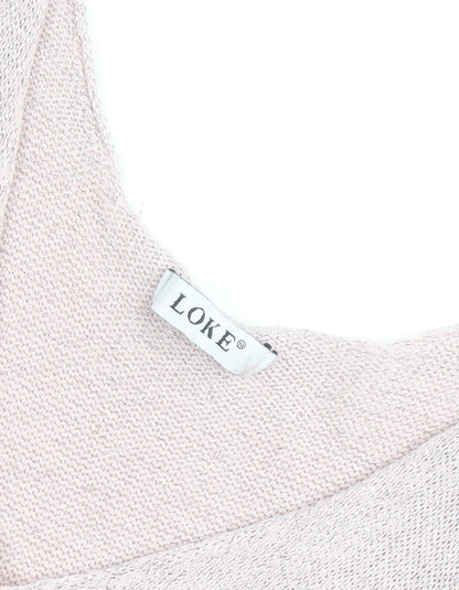 LOKE Women's Beige Knit Slip Dress S V-Neck Ruched Lightweight