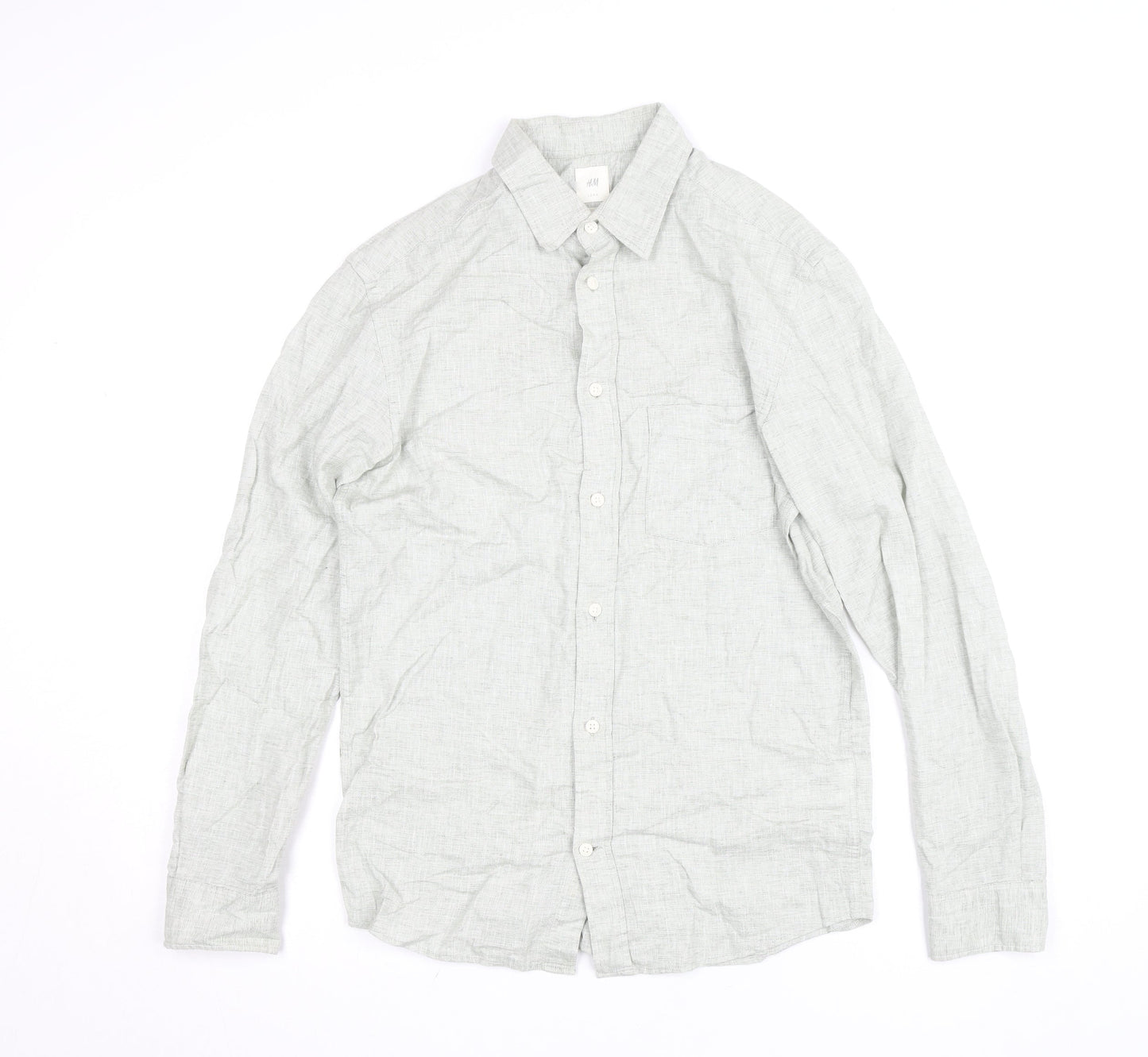 H&M Men's Grey Linen Blend Regular Fit Long Sleeve Shirt XS