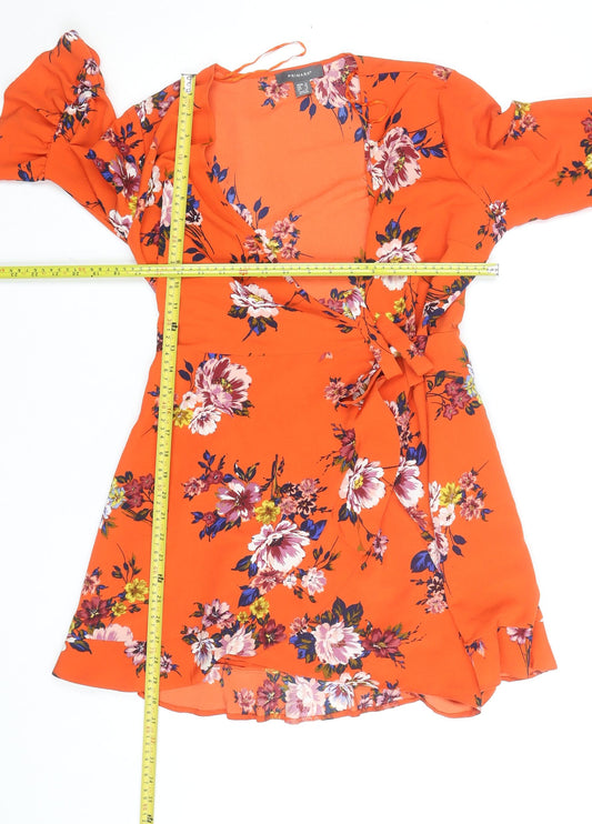 Primark Women Orange Floral Wrap Dress Size 12 V-Neck Ruffle Hem