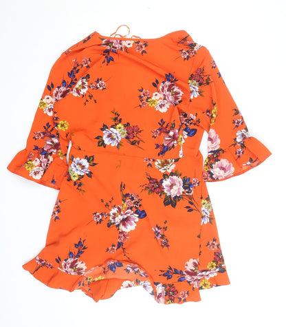 Primark Women Orange Floral Wrap Dress Size 12 V-Neck Ruffle Hem