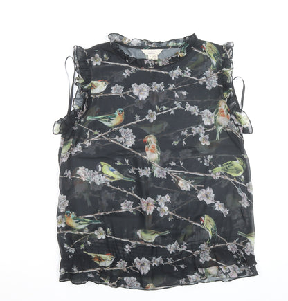 Ted Baker Women's Black Bird Print Ruffle Sleeveless Chiffon Blouse Size 14