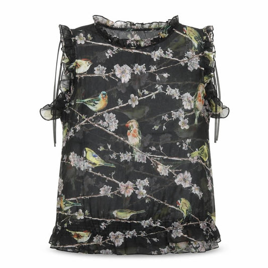 Ted Baker Women's Black Bird Print Ruffle Sleeveless Chiffon Blouse Size 14
