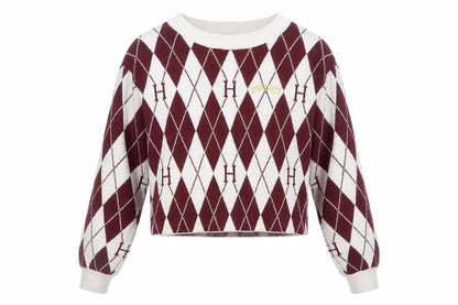 Front view of H&M Teens Red Argyle Harry Potter Knit Jumper, size 10, Crew Neck