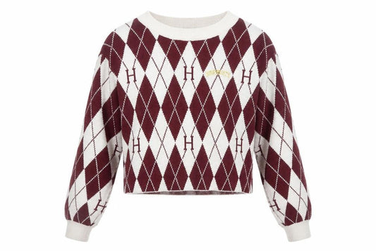 Front view of H&M Teens Red Argyle Harry Potter Knit Jumper, size 10, Crew Neck