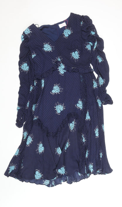 Savida Women Blue Floral Polka Dot Midi Wrap Dress Size 12