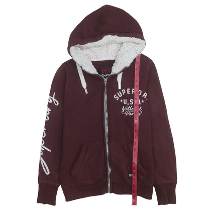 Superdry Womens Burgundy Full Zip Hoodie Size L Sherpa Lined Casual