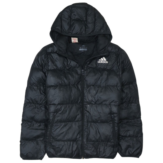 Adidas Boys Black Hooded Puffer Jacket 13-14 Years Winter Zip Coat