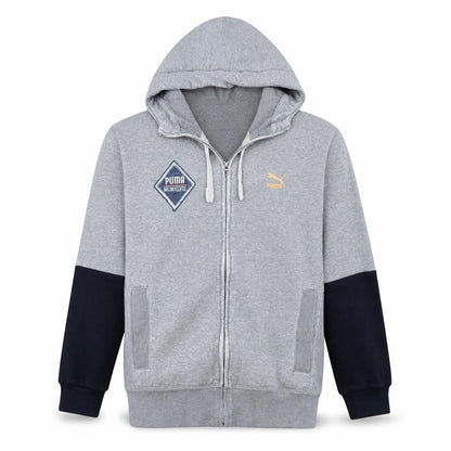 Puma Men Grey Full Zip Hoodie M Logo Sports Sweatshirt