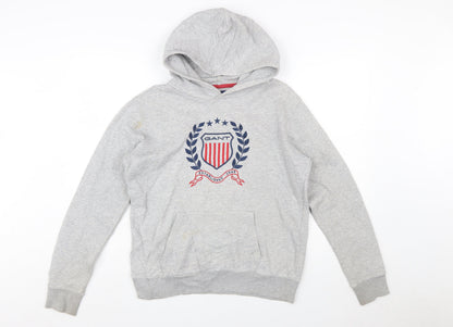 GANT Boys Grey Pullover Hoodie 16 Years Logo Crest Cotton Blend