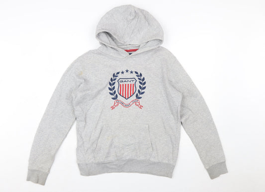 GANT Boys Grey Pullover Hoodie 16 Years Logo Crest Cotton Blend