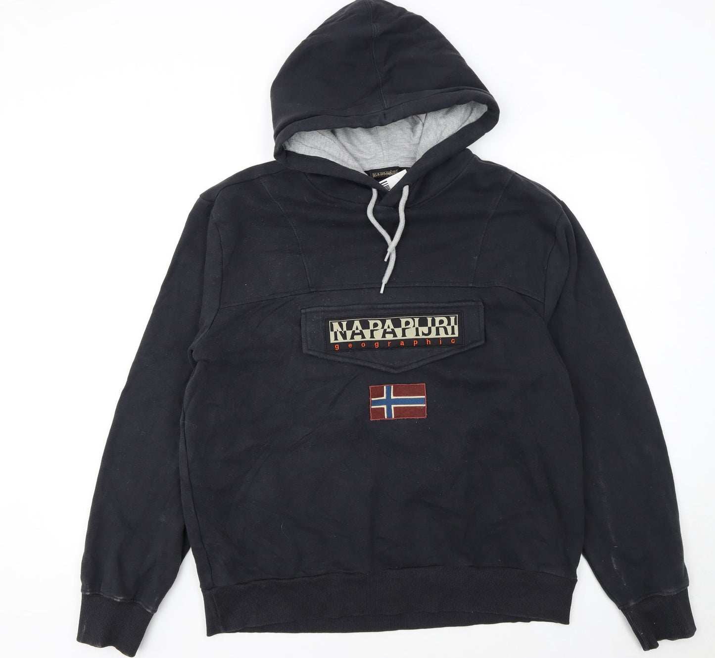 Napapijri Men's Black XL Pullover Hoodie with Logo & Flag Detail