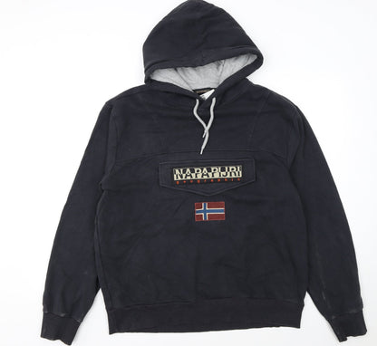 Napapijri Men's Black XL Pullover Hoodie with Logo & Flag Detail