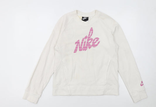 Nike Girls Ivory Pink Graphic Print Crew Neck Pullover Sweatshirt L 146-156cm