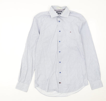 Tommy Hilfiger Men's Blue Slim Fit Geometric Long Sleeve Button-Up Shirt 14.5