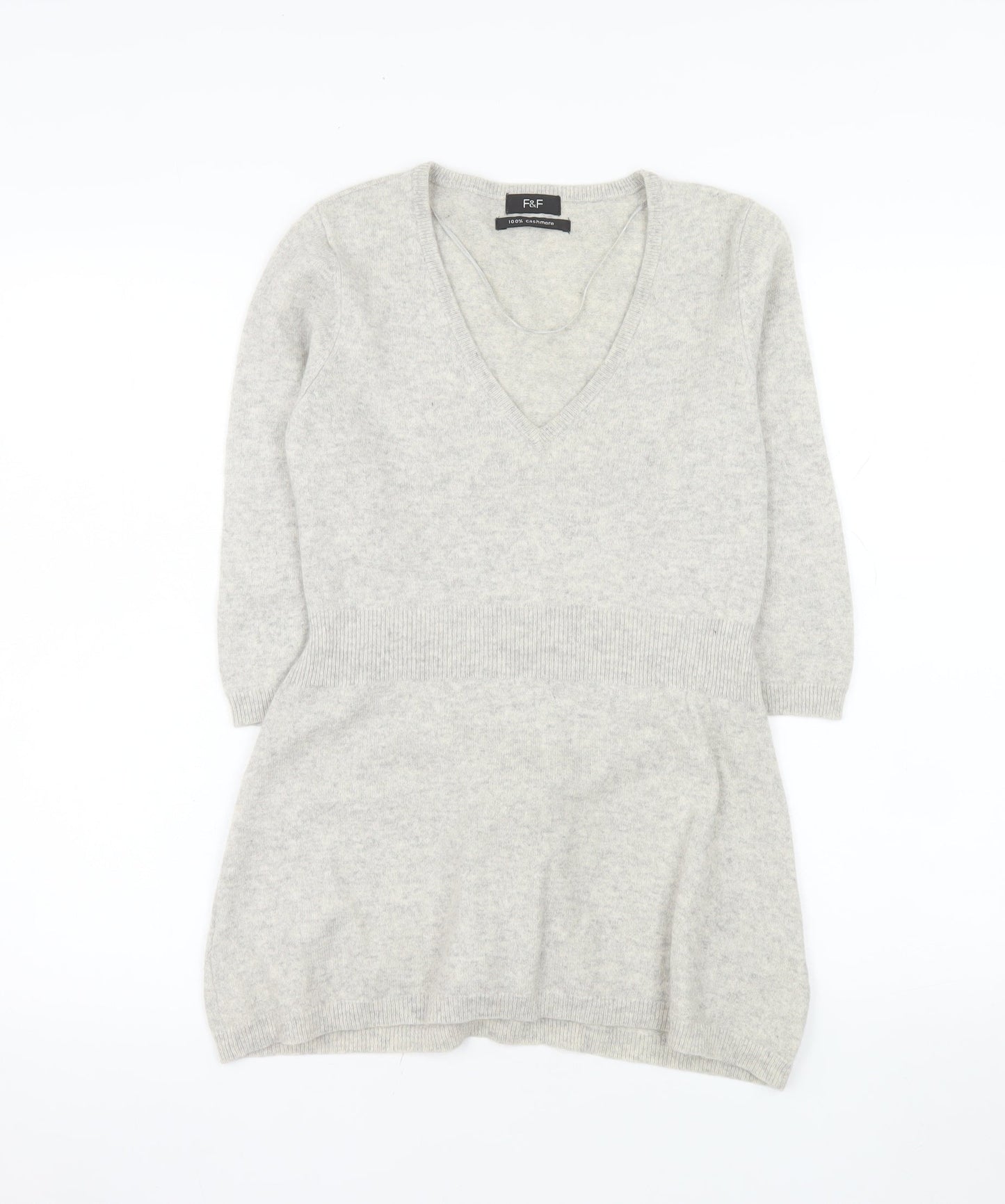F&F Women’s Grey 100% Cashmere V-Neck Tunic Jumper Size 12