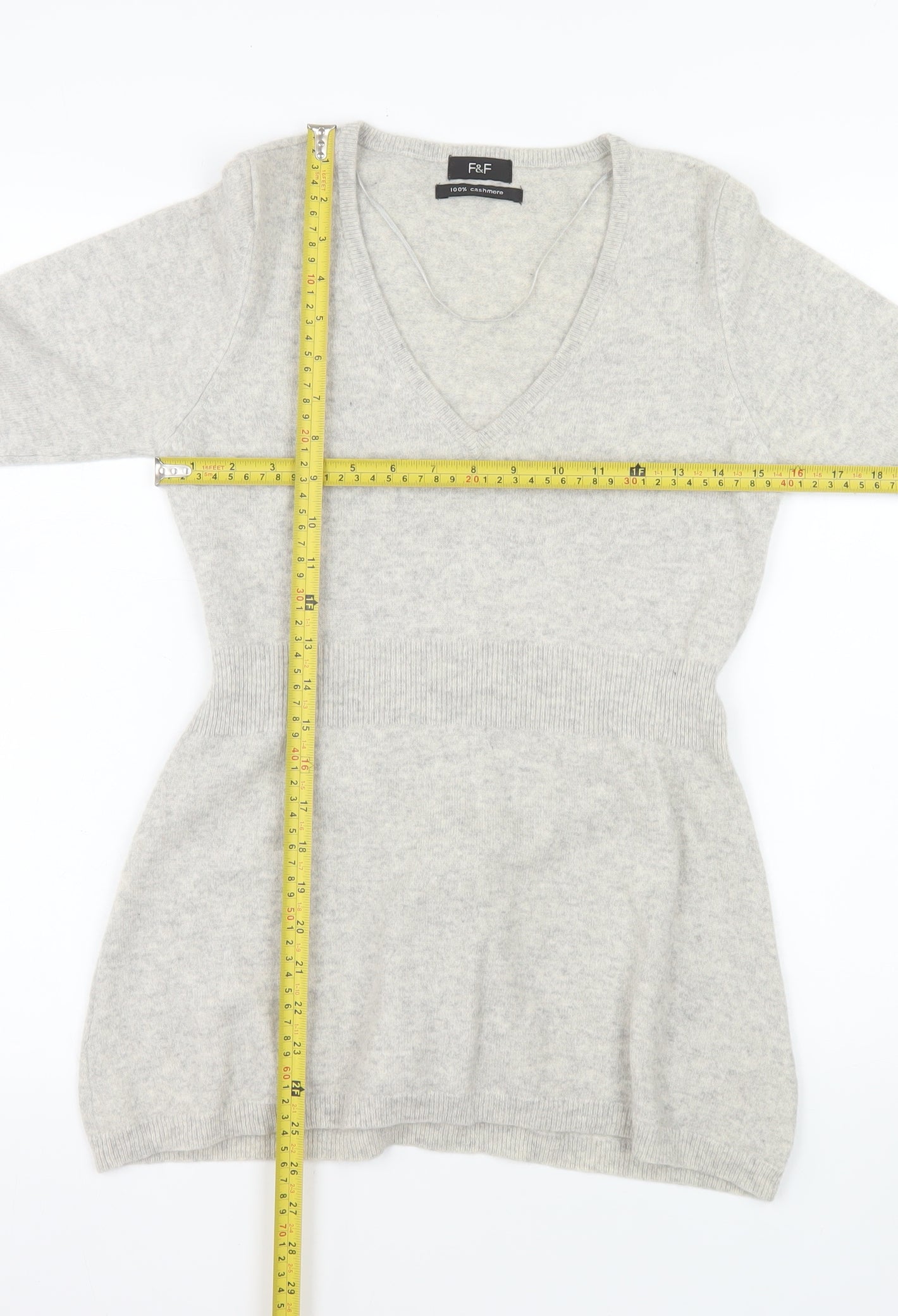 F&F Women’s Grey 100% Cashmere V-Neck Tunic Jumper Size 12