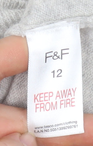 F&F Women’s Grey 100% Cashmere V-Neck Tunic Jumper Size 12