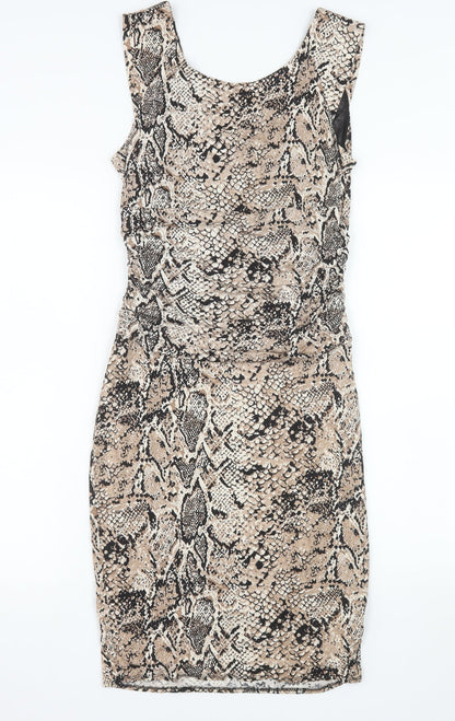 Wallis Women's Beige Animal Print Bodycon Dress Size 8 Sleeveless