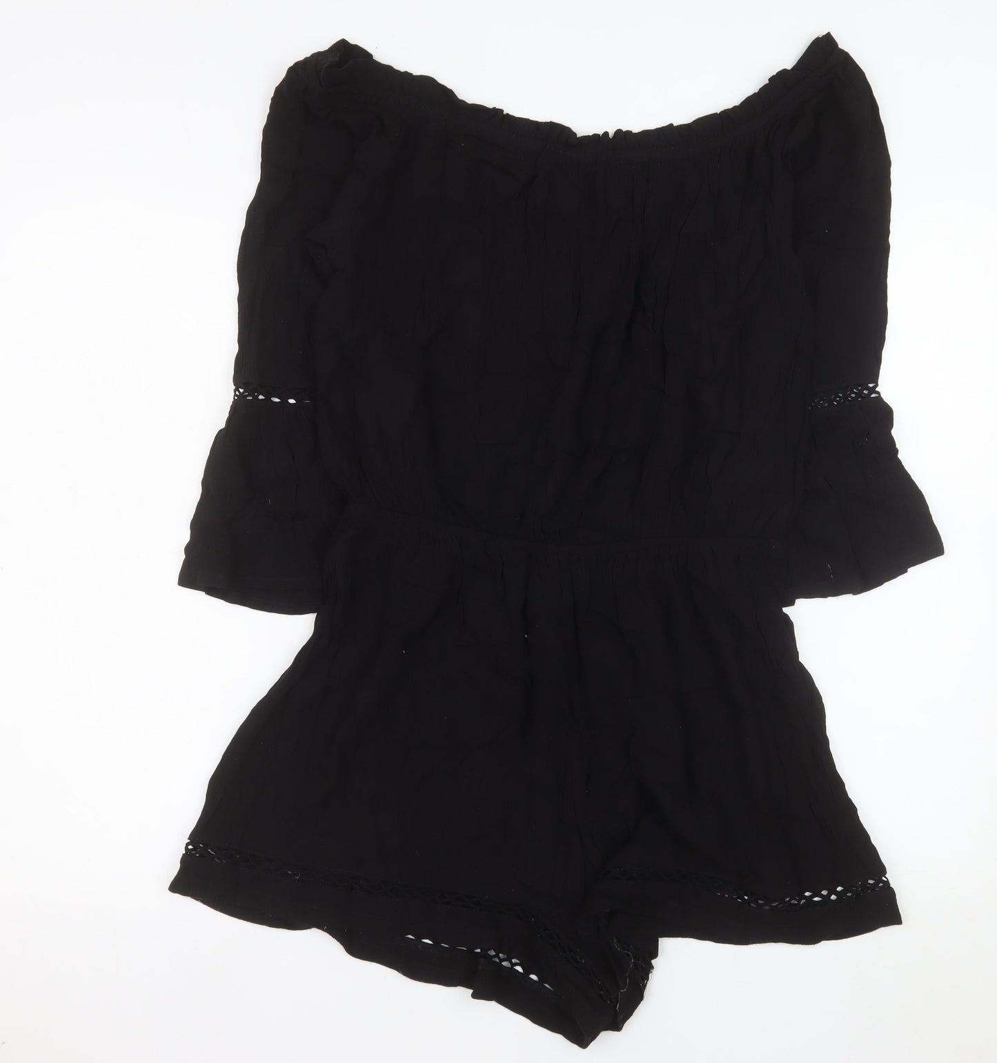 Savida for Dunnes Stores Black Off Shoulder Playsuit Women L Viscose Lace Trim