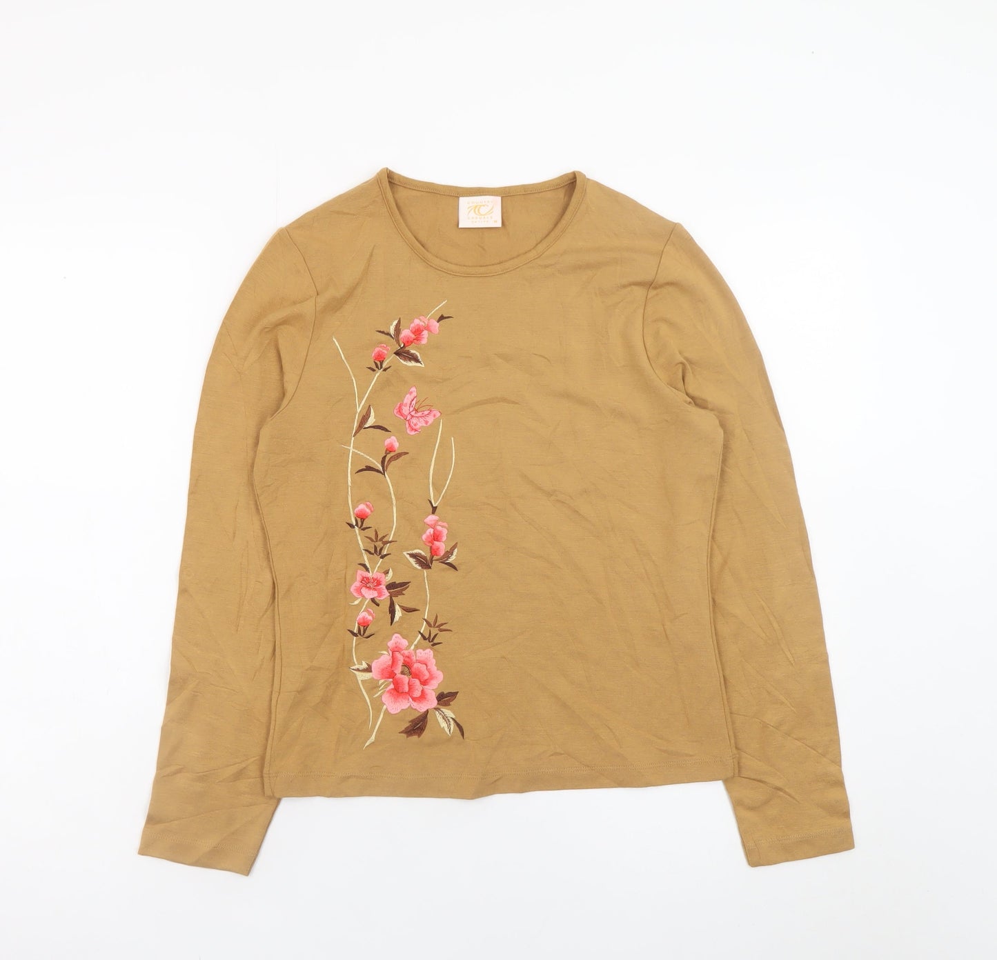 Country Casuals Women Brown Petite Embroidered Floral Long Sleeve T-Shirt M