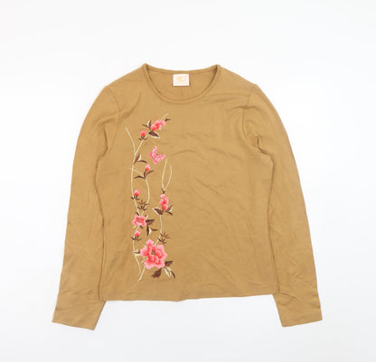 Country Casuals Women Brown Petite Embroidered Floral Long Sleeve T-Shirt M