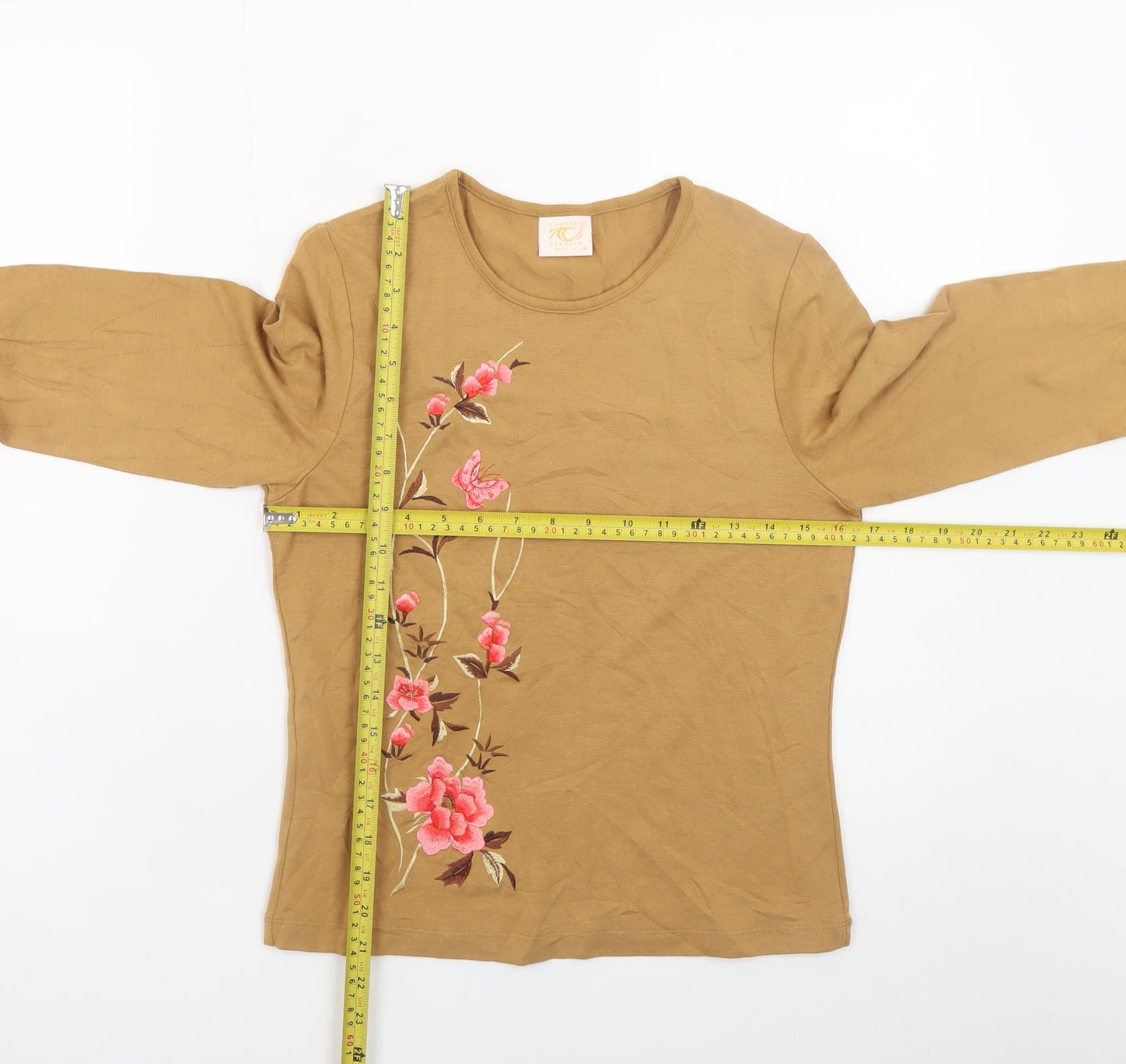 Country Casuals Women Brown Petite Embroidered Floral Long Sleeve T-Shirt M