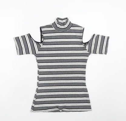 Quiz Women’s Black Striped Roll Neck Cold Shoulder Top Size 12