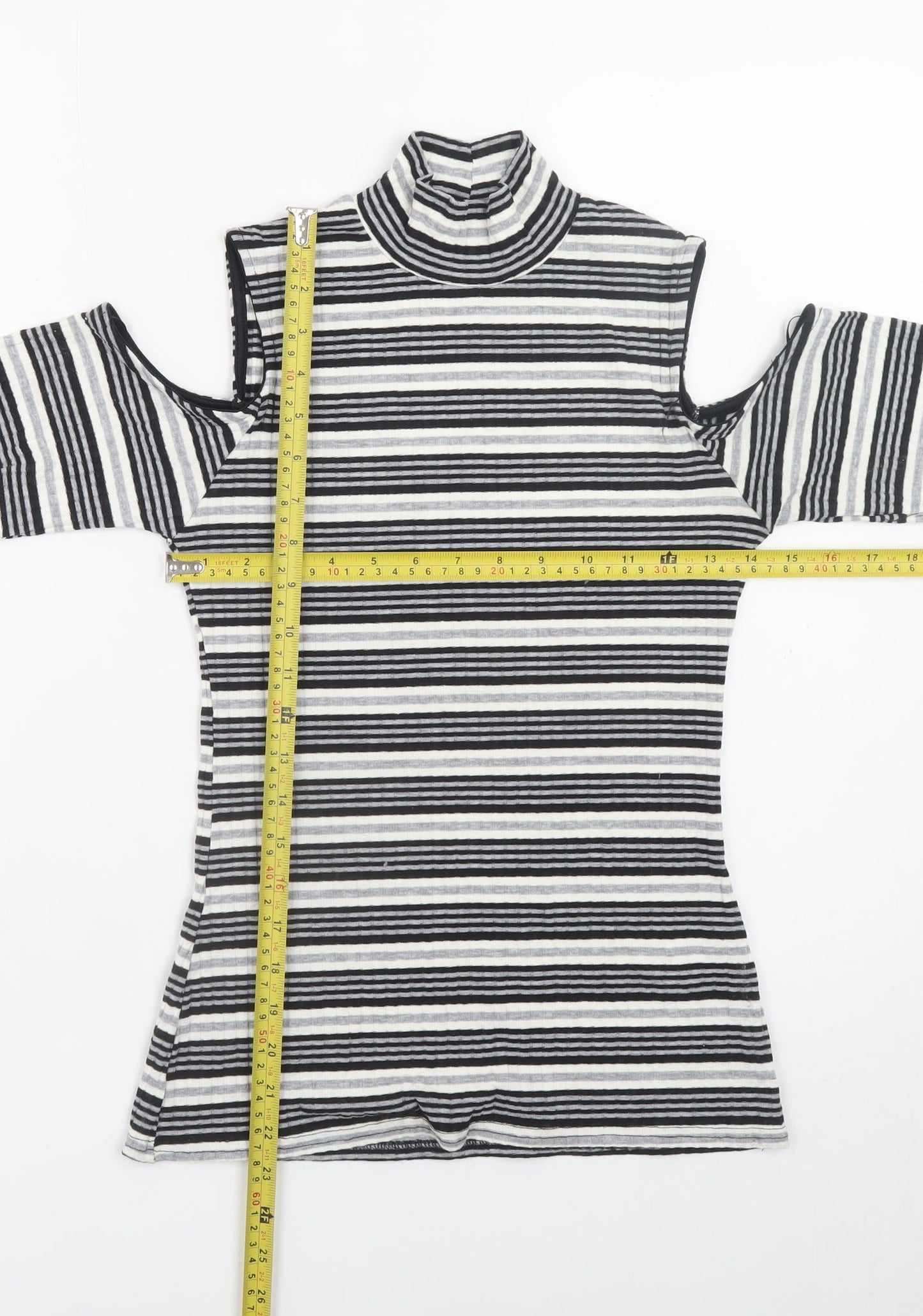 Quiz Women’s Black Striped Roll Neck Cold Shoulder Top Size 12