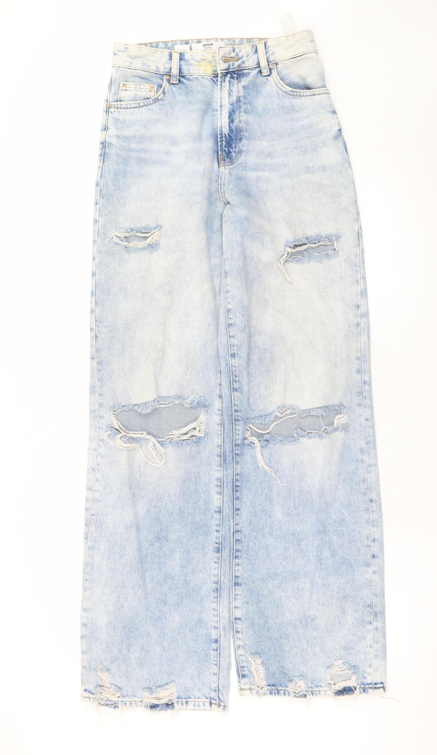 Bershka Women’s Blue Wide-Leg Distressed Denim Jeans Size 8