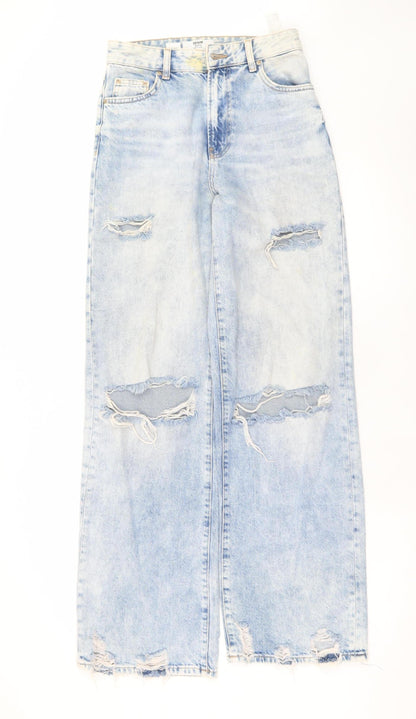 Bershka Women’s Blue Wide-Leg Distressed Denim Jeans Size 8
