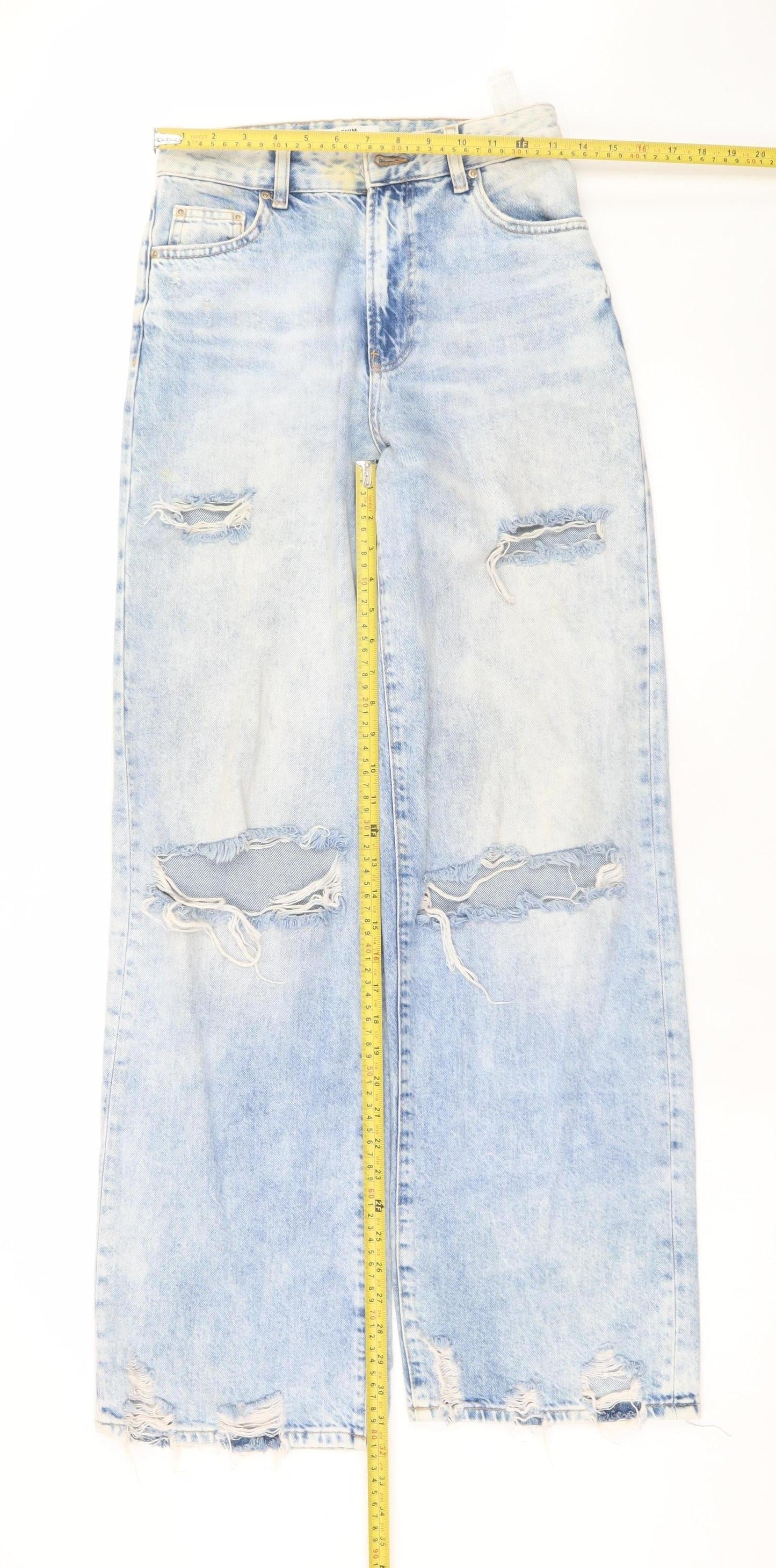 Bershka Women’s Blue Wide-Leg Distressed Denim Jeans Size 8