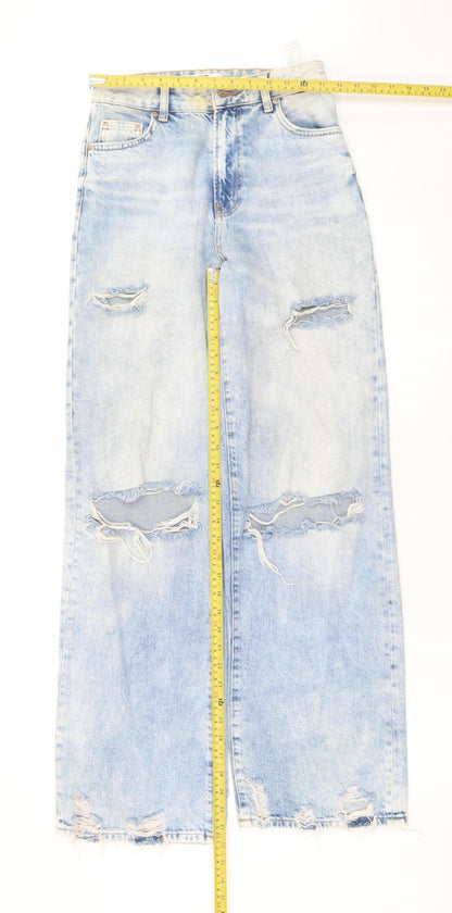 Bershka Women’s Blue Wide-Leg Distressed Denim Jeans Size 8