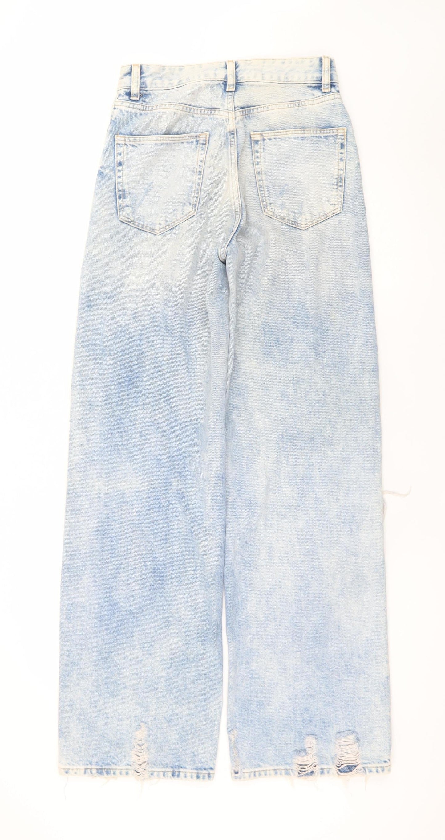 Bershka Women’s Blue Wide-Leg Distressed Denim Jeans Size 8