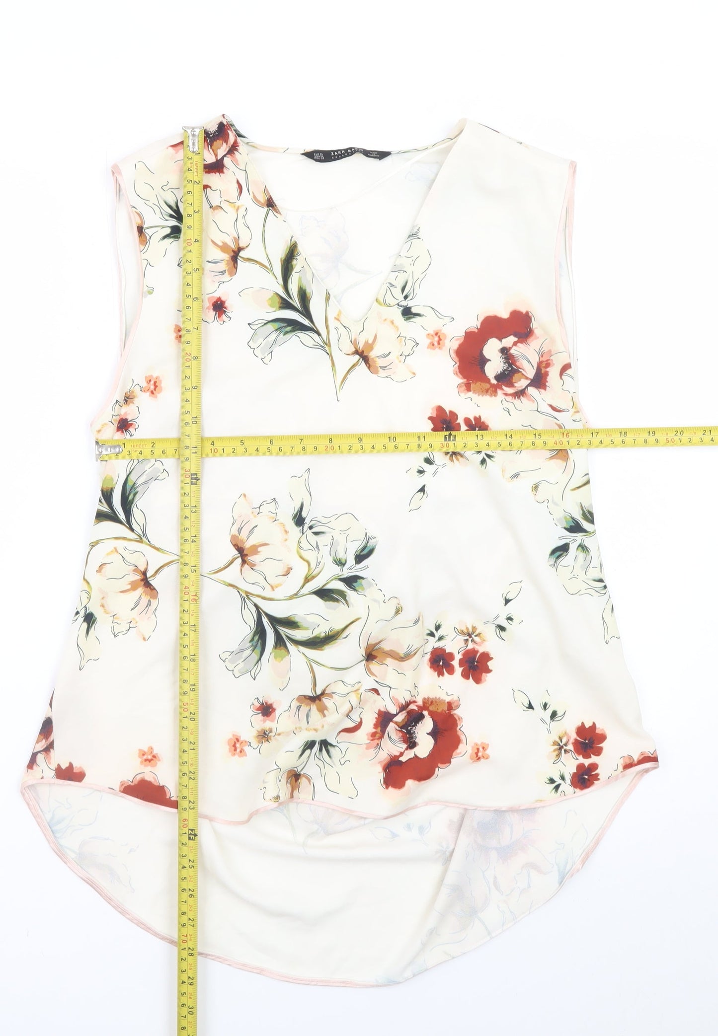Zara Women Ivory Floral Sleeveless V-Neck Blouse Size XL