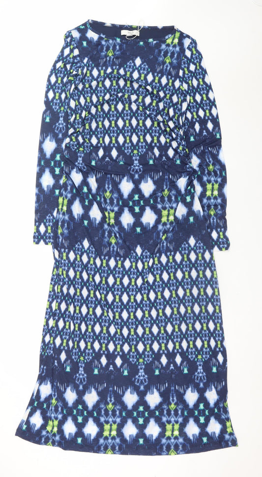 Marks and Spencer Women Blue Geometric Tall Size 14 Long Sleeve Shift Dress