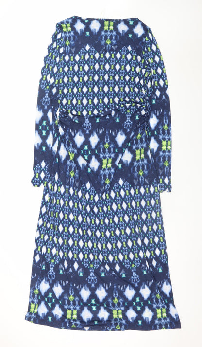Marks and Spencer Women Blue Geometric Tall Size 14 Long Sleeve Shift Dress