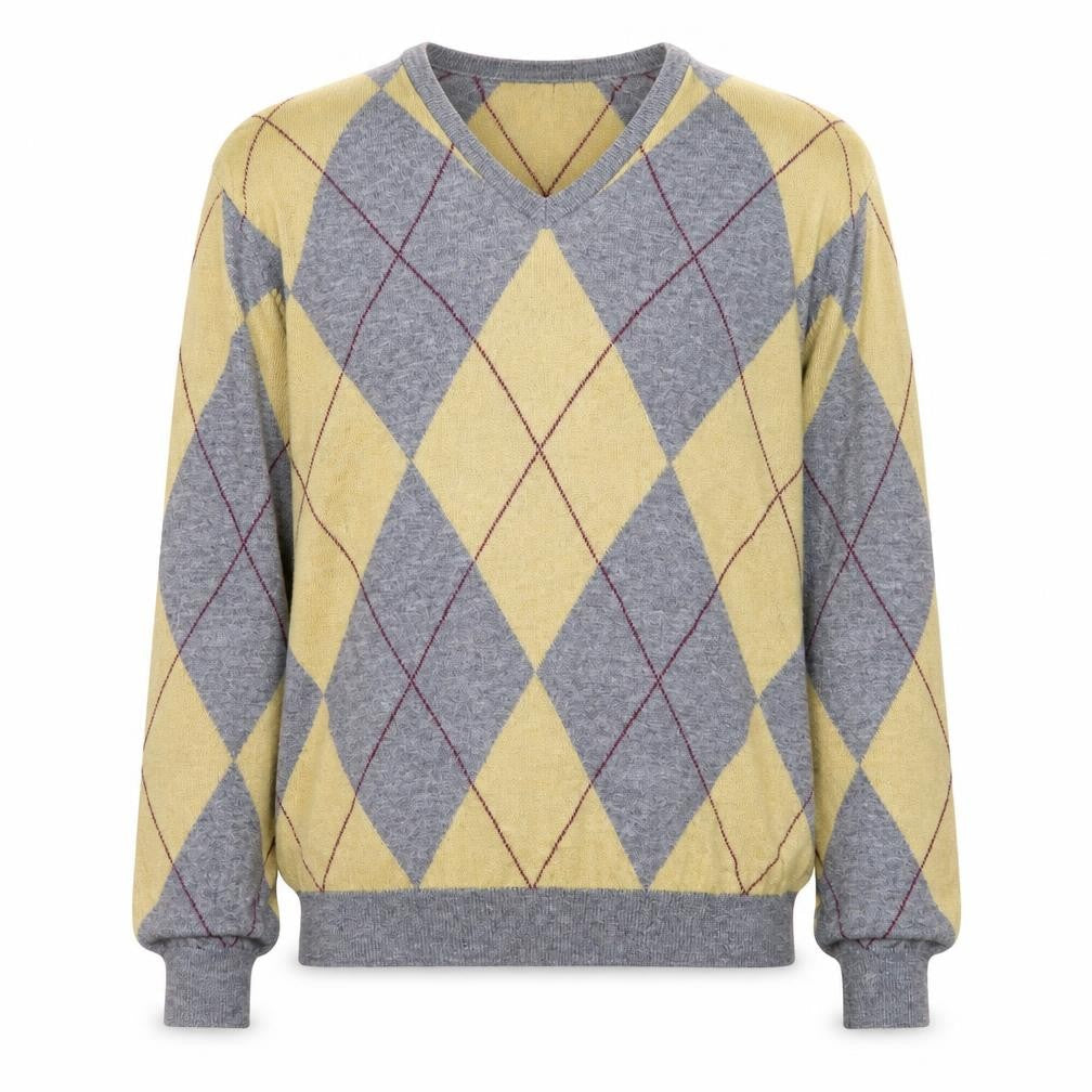 Zara Men Grey Argyle Wool V-Neck Jumper Size M