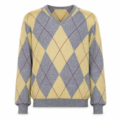 Zara Men Grey Argyle Wool V-Neck Jumper Size M