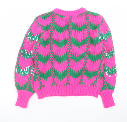 Savida Womens Pink Green Sequin Knit Jumper Medium